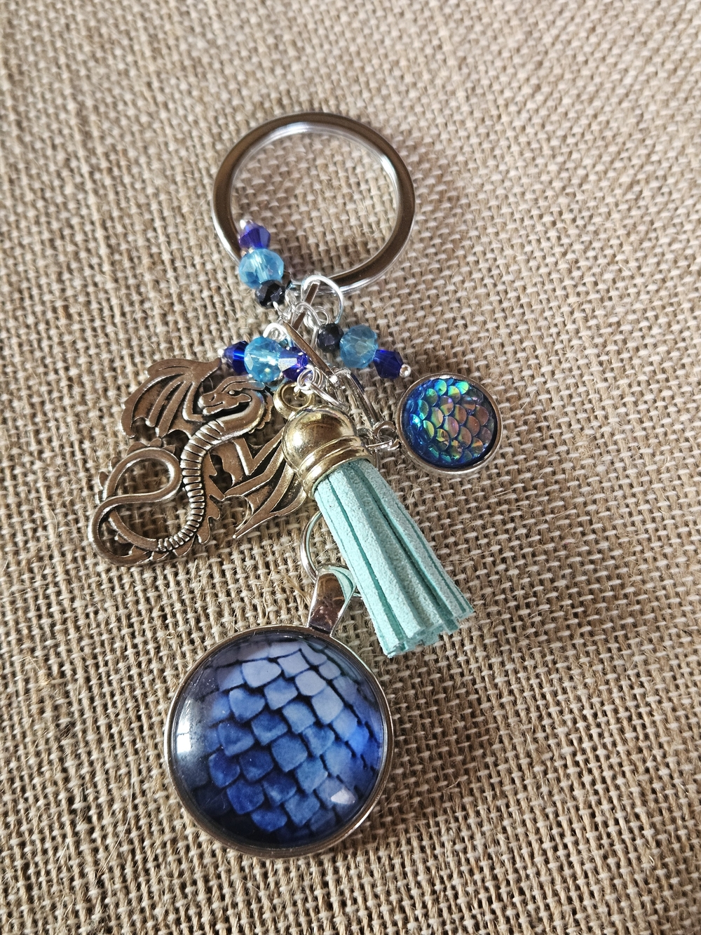 Blue Dragon Scale Keychain with Aqua Tassel - Picture 6 of 6
